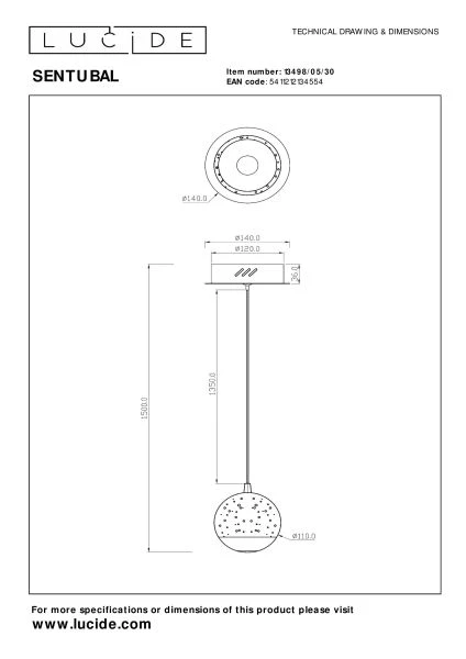 Lucide SENTUBAL - Pendelleuchten - Ø 14 cm - LED - 1x6,3W 2700K - Schwarz - technisch